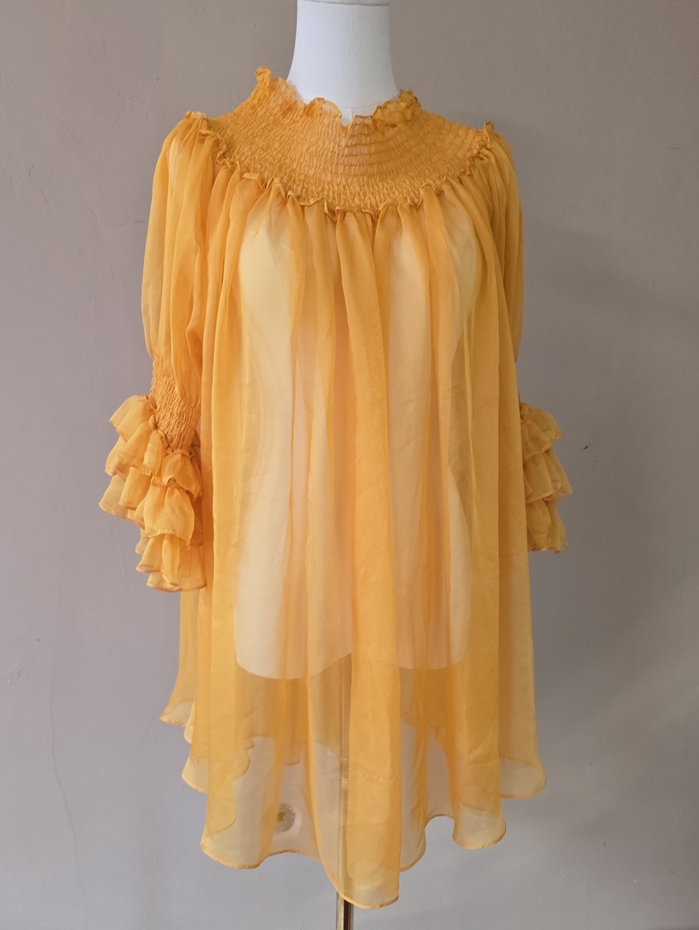 Mustard Sheer Ruffle Sleeve Smocked Tunic